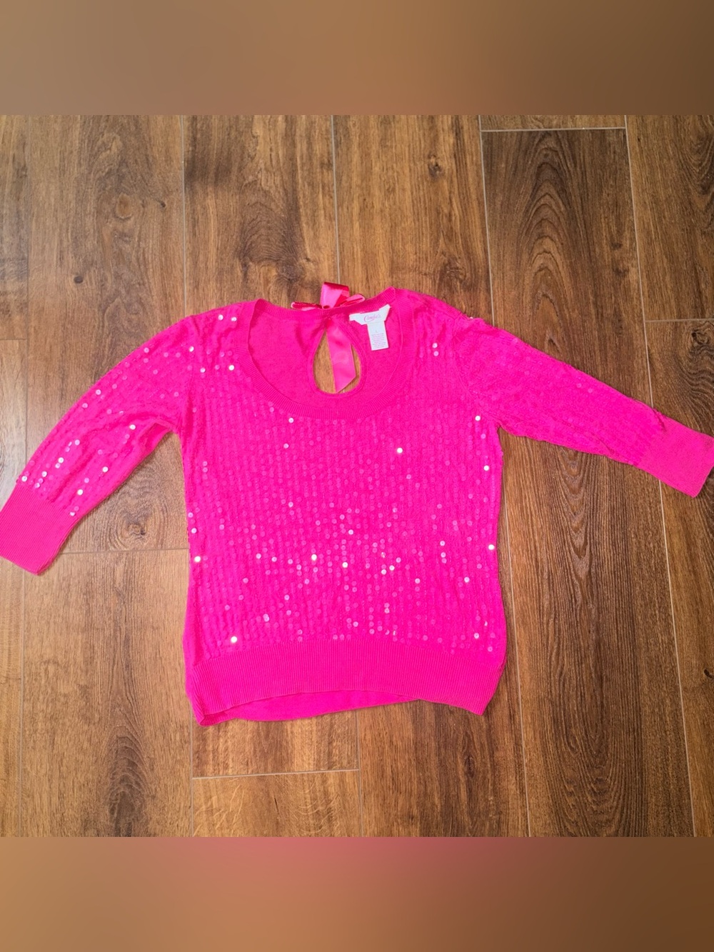 Candie’s Hot Pink Sequin Open Back Tie-Bow Knit Top, Size Large